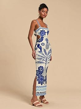 Floerns Women's Tropical Bow Tie Back Long Dress Sleeveless Split Vacation Maxi Dress | Amazon (US)