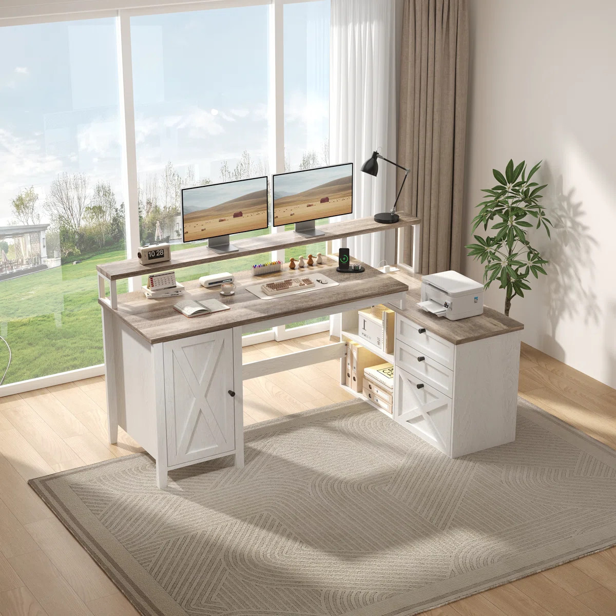 Farmhouse L-Shaped Desk With Power Outlet & Led Lights, Large Corner Computer Desk With 3 Drawers... | Wayfair North America