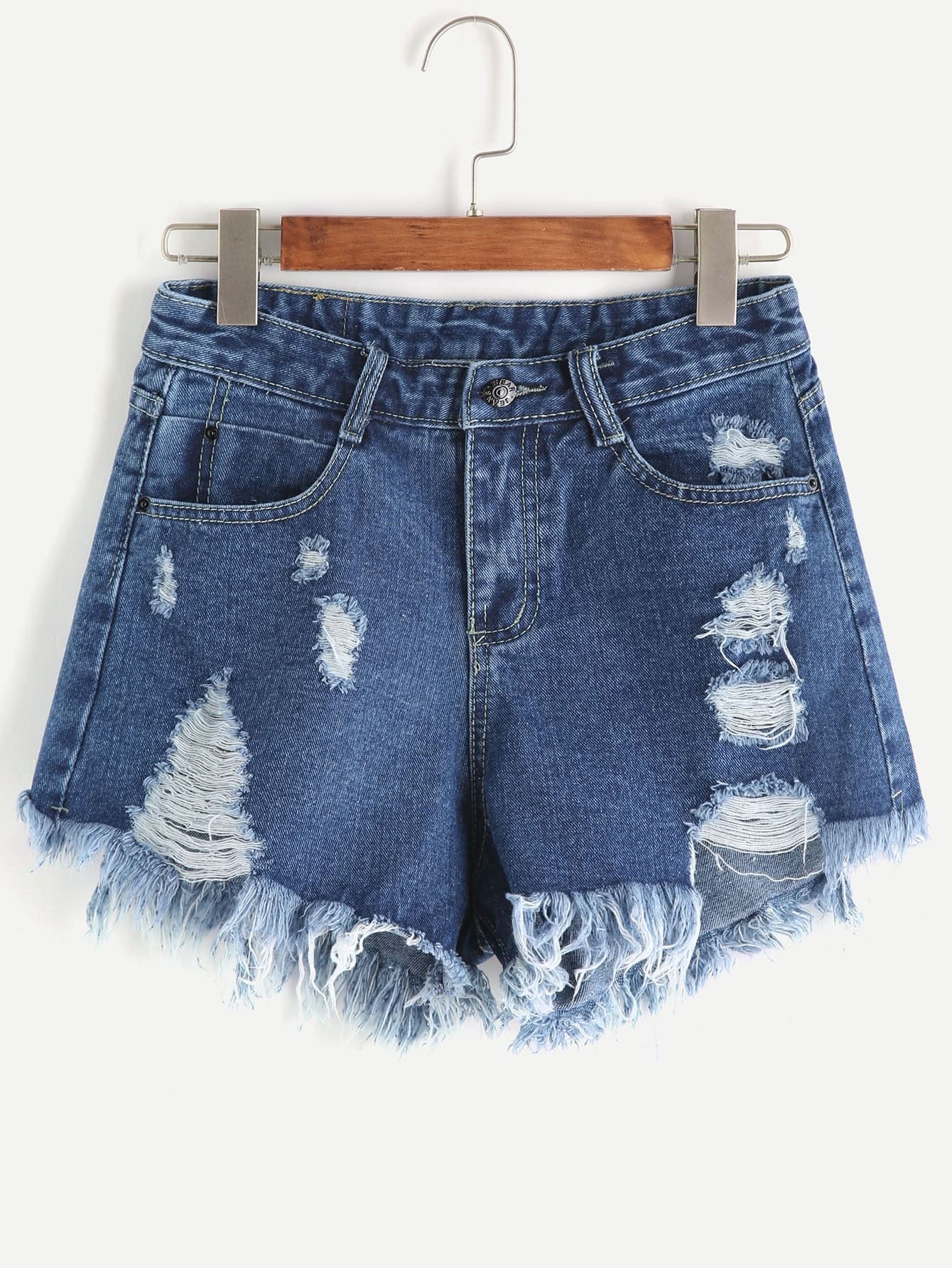 Dark Blue Ripped Raw Hem Denim Shorts | ROMWE