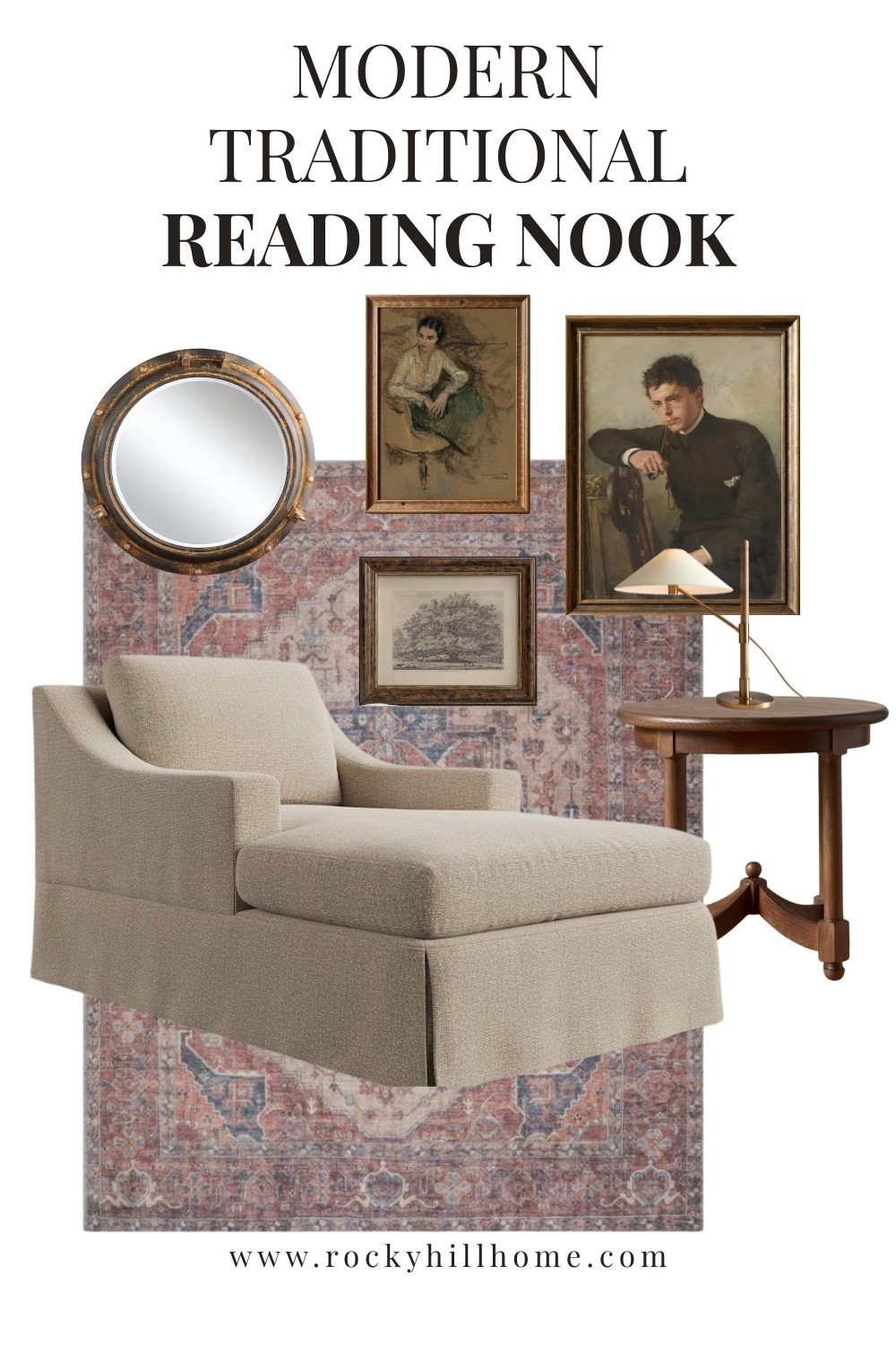 Create a cozy reading nook in an empty corner with this mood board. Featuring a chaise lounge from Pottery Barn, vintage inspired rug, artwork found on Etsy, a modern table lamp from West Elm, round mirror, and charming side table from Joon Loloi.

#LTKHome #LTKSaleAlert