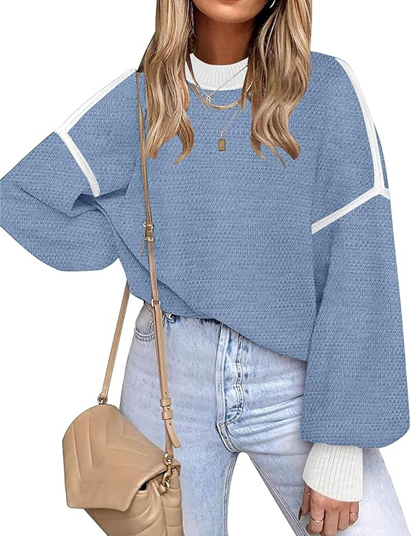 Fall Clothes for Women 2023 Trendy Crew Neck Oversized Sweaters Color Block Batwing Long Sleeve K... | Amazon (US)