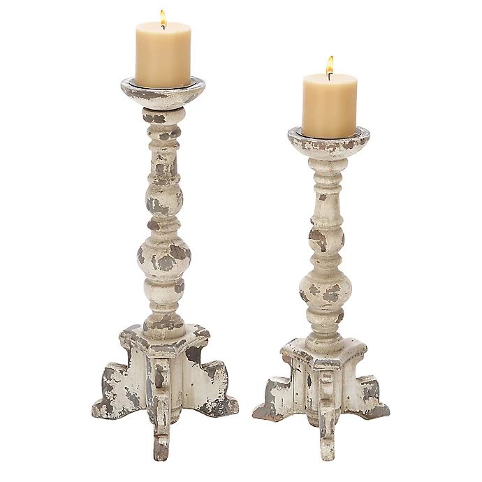 Ridge Road D&eacute;cor UMA 2-Piece Footed Wood Candle Holder Set in Whitewash | Bed Bath & Beyon... | Bed Bath & Beyond