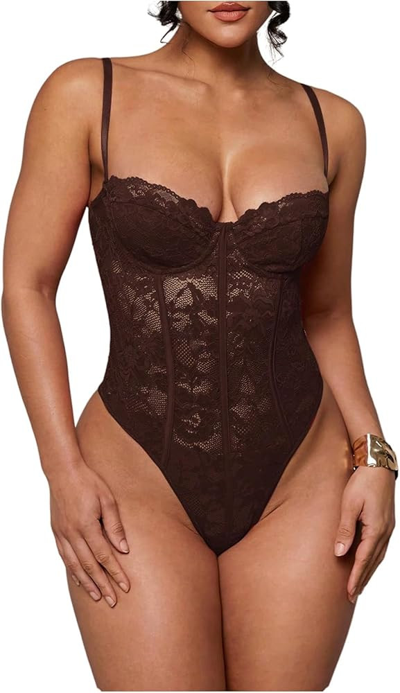 SweatyRocks Women's Sheer Lace Spaghetti Strap Underwire Bodysuit Corset Tops Sexy Skinny Leotard | Amazon (US)