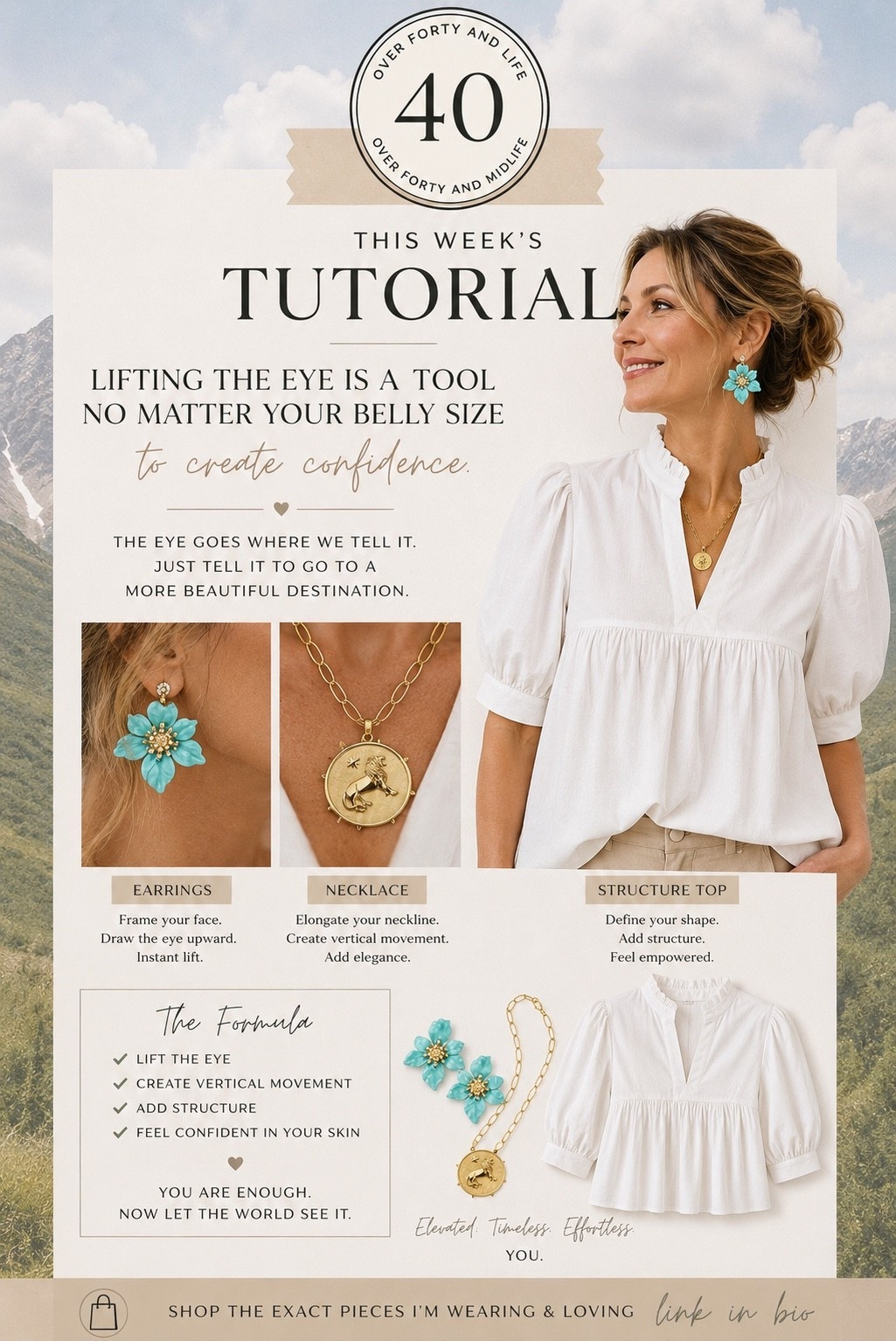 ✨Tap the bell, save and ❤️ for over 40 fashion, midlife style, midsize fashion and luxury looks for less. 

For years, I thought confidence started with losing weight.

It doesn’t.

One of the fastest ways to create confidence is learning how to lift the eye.

The eye goes where we tell it to go.

A beautiful earring.
A statement necklace.
A structured neckline.

Suddenly the focus shifts upward.

Not because you’re hiding your body.

Because you’re creating a more beautiful destination.

👑 Outfit Physics™:

✔ Lift the eye
✔ Create vertical movement
✔ Add structure
✔ Build balance

No matter your belly size, confidence often starts with where you place the visual attention.

👑 Helping you look good, feel good.-Lindsey Denver   Check back daily for belly-friendly style, confidence, and Outfit Physics™. 

#over40style #styleover40 #midsizefashion #midlifefashion #bodyconfidence #outfitphysics #over50style #fashionover40 #midlifeconfidence #genxstyle

#LTKOver40 #LTKMidsize #LTKPlusSize