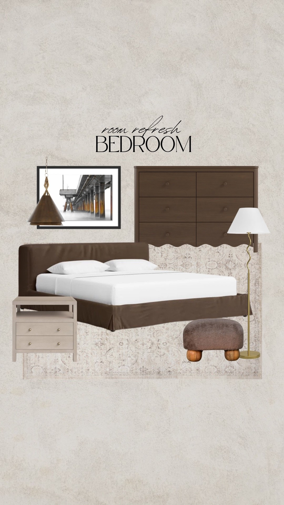 Bedroom refresh Wayfair, brown bed, brown slipcover bed frame, brown ottoman, taupe nightstand, beige nightstand, traditional rug, beige rug, off white rug, gold floor lamp, brown dresser, wood dresser, walnut dresser, scalloped dresser, wall art, brown pendant light, gold pendant light

#LTKSeasonal #LTKSaleAlert #LTKHome