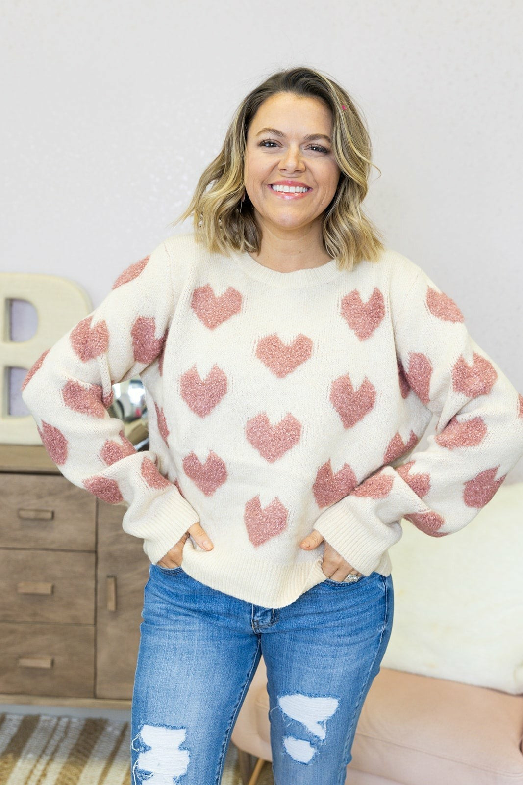 Sweetheart Sweater - Oatmeal | Pink possum