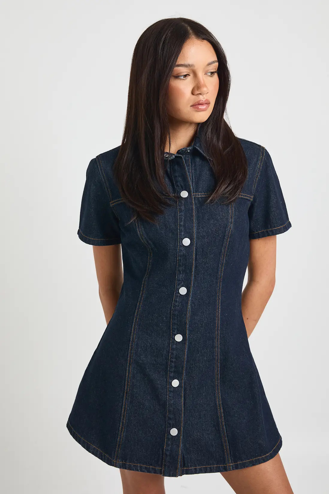 Indigo Short Sleeve Cinched Waist Denim Dress | Boohoo | Boohoo.com (UK & IE)