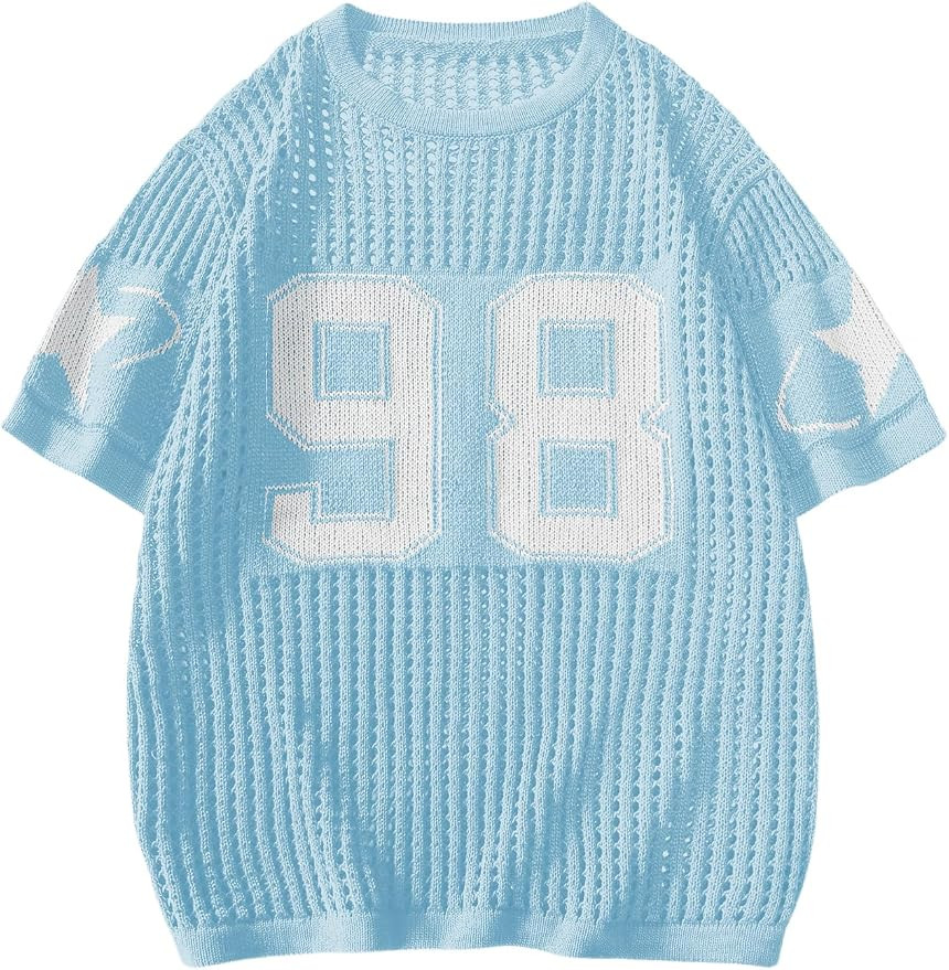 BEAUDRM Women's Y2K Jersey Shirts Oversized Number Crochet Hollow Out Jersey Tee Sweater Crew Nec... | Amazon (US)