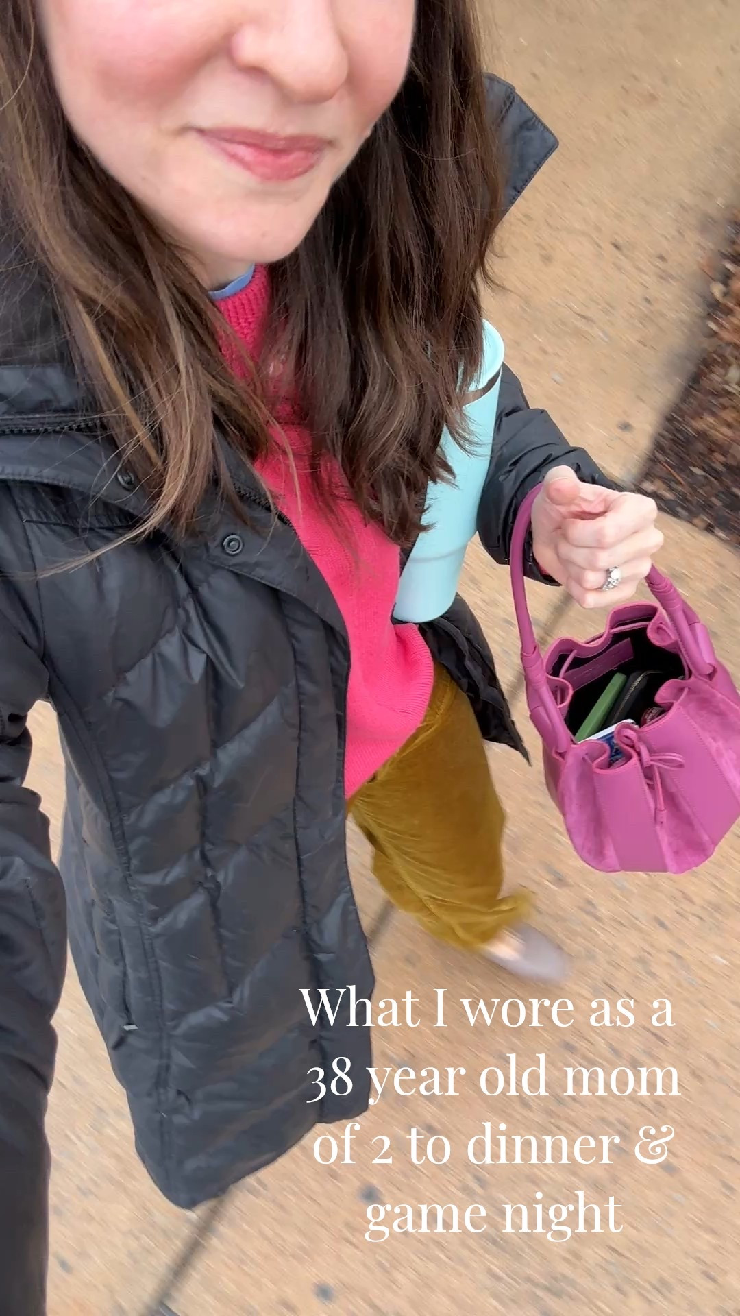 What I wore as a 38 year old mom of two to go out to dinner & a game night. I love the pop of color & texture these velvet pants add to any look & the gold & pink are such a fun color combo! I’ve worn these with silver sneakers but chose flats to make the outfit a little less casual. I’ve had these flats for almost 5 years & I love them- they’re so comfortable!   

#LTKootd #LTKgrwm #LTKSeasonal