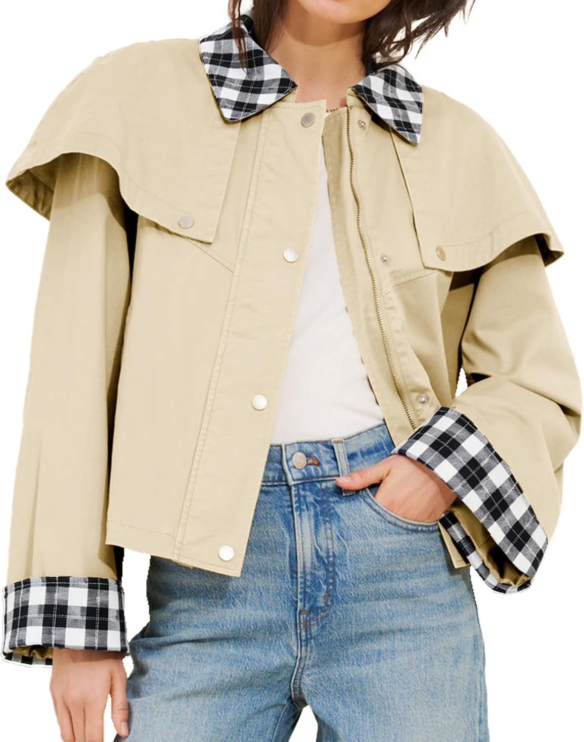 Womens Cropped Trench Coat Lightweight Gingham Short Cape Jacket | Amazon (US)