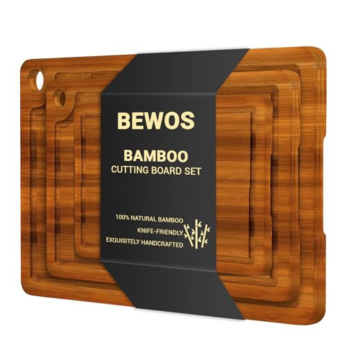 BEWOS 3 PCS Bamboo Cutting Boards Set with Hanging Hole - Wooden Cutting Board with Handles & Juice Grooves, Wooden Cutting Board for Kitchen, Ideal for Slicing Meat, Vegetables, Cheeses and Bread | Amazon (US)