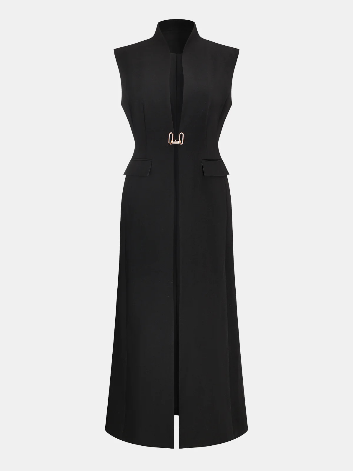 Sleeveless Metal Buckle Long Blazer Vest | Commense