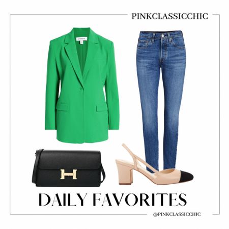 Green blazer, jeans, Levi’s, slingback, Chanel slingback, Constance wallet, Constance bag, work looks, date night, elegant looks, chic looks, style ideas 

#LTKstyletip #LTKsalealert #LTKunder100