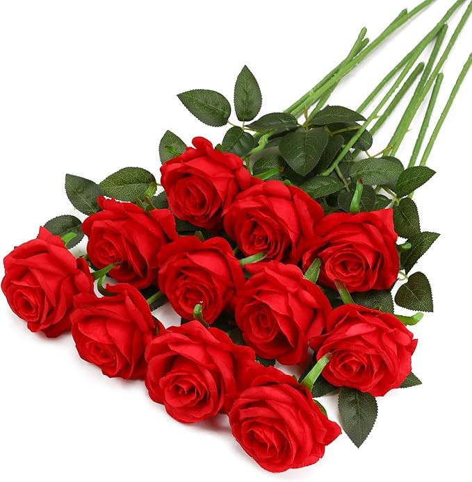 Red Fake Roses Artificial Flowers - 10 Pcs Fake Artificial Roses Silk Flowers with Stems for Home... | Amazon (US)