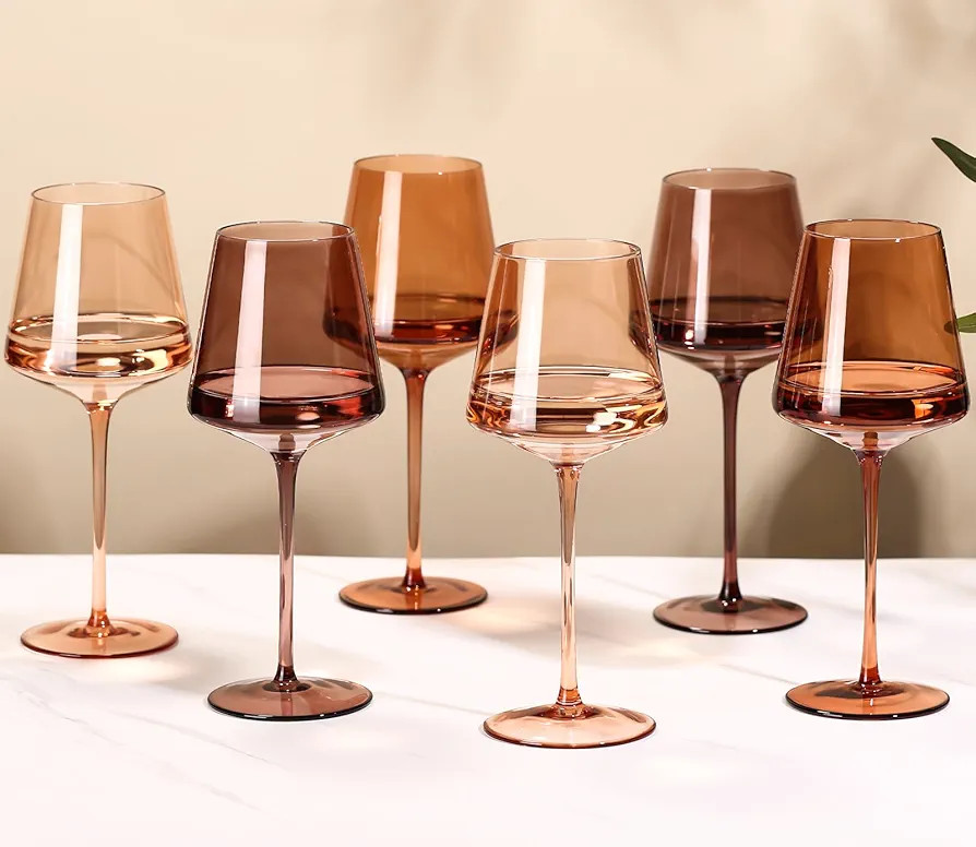Brown Wine Glasses Set of 6-18oz【Hand Blown】 Crystal Amber Stemmed Venus Wine Glasses-Brown W... | Amazon (US)