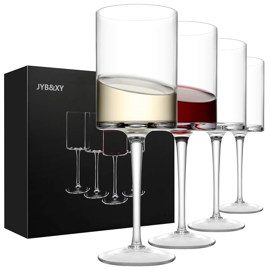 Premium Crystal Wine Glasses - Hand Blown, Thin Rim, Long Stem, Square Unique Design - Set of 4, ... | Amazon (US)