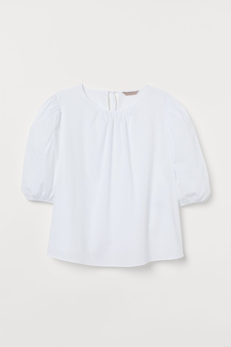 H & M - H & M+ Puff-sleeve Cotton Blouse - White | H&M (US + CA)