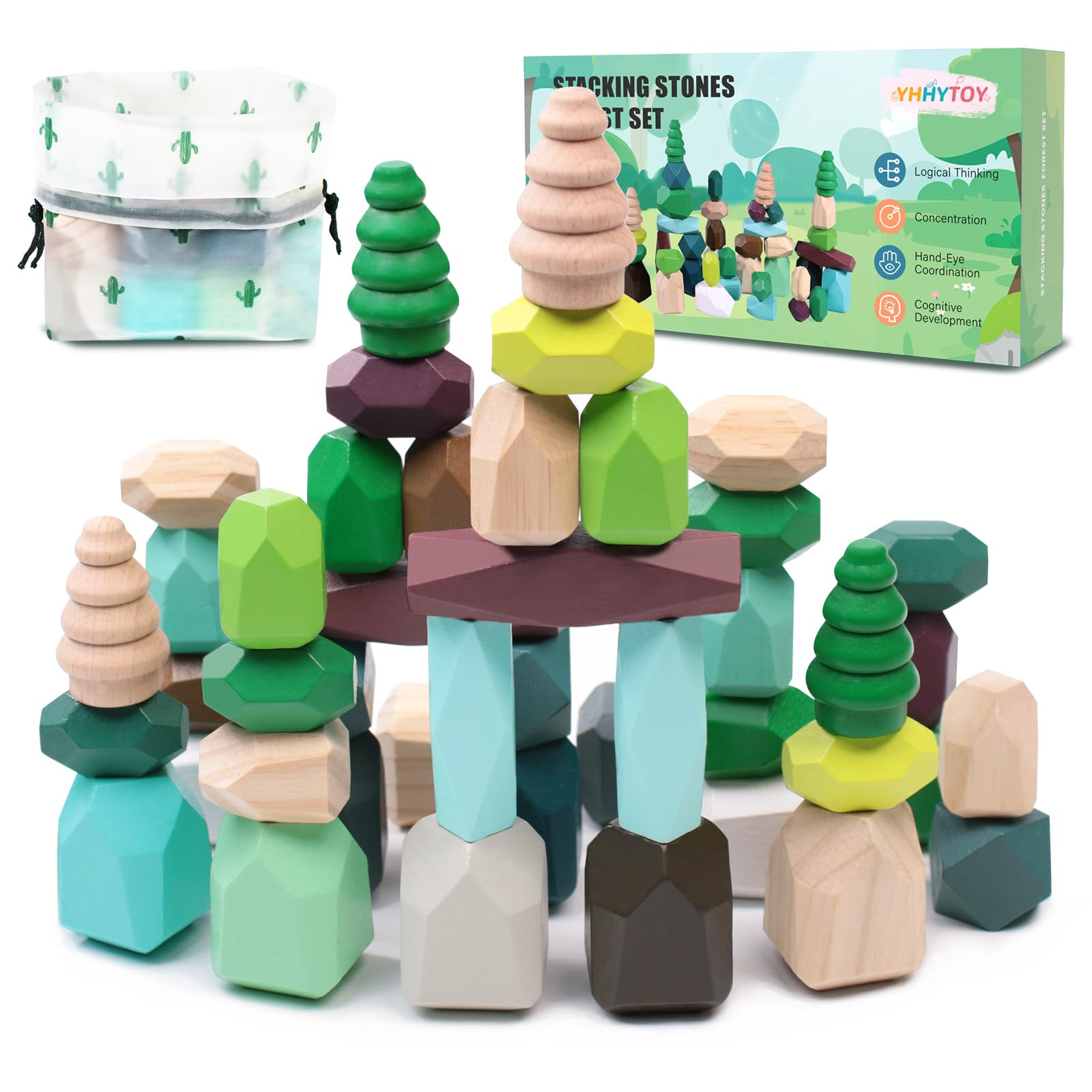 40 PCS Wooden Stacking Rocks Building Blocks Forest Theme, Sensory Learning Montessori Toys for 3... | Amazon (US)