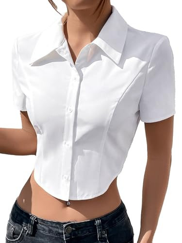 SUNNOW Women's Crop Tops White Button Down Shirt Short Sleeve Office Blouse Summer Work Top | Amazon (US)