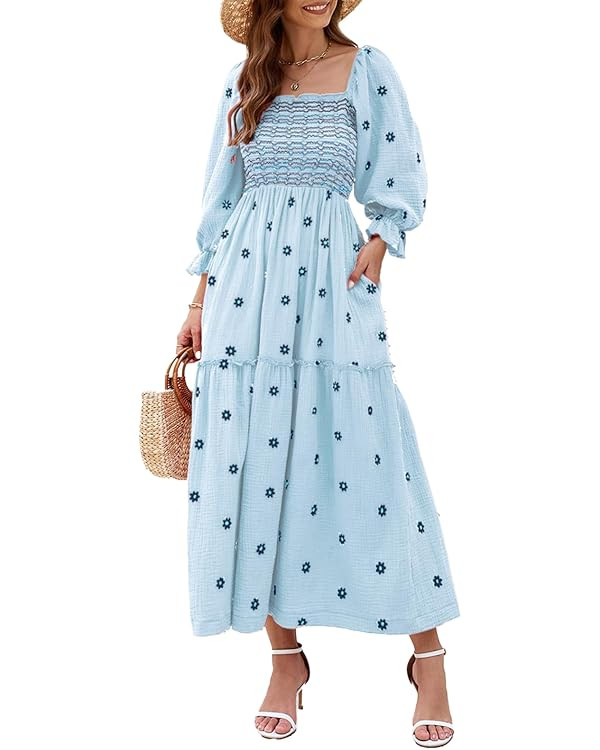 Women Floral Embroidered Maxi Dress Long Puff Sleeve Square Neck Bohemian Flowy Dress with Pocket... | Amazon (US)