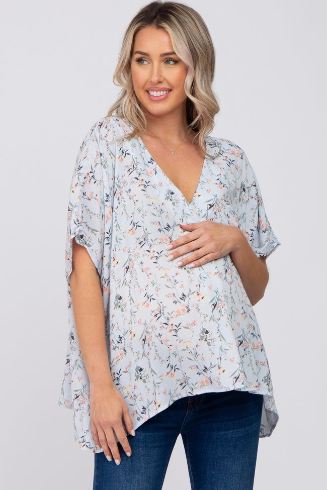 Light Blue Floral V-Neck Dolman Sleeve Maternity Top | PinkBlush Maternity