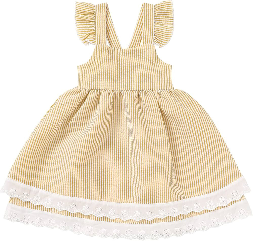 Toddler Girl Dress Cool Summer Young Girl Blue Striped Lace Suspender Party Pageant Dress | Amazon (US)