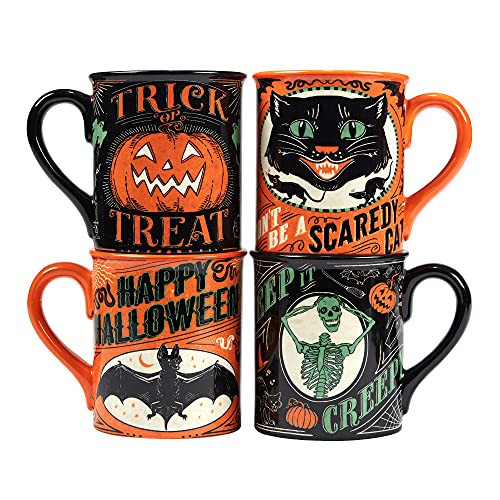 Halloween Mugs Set of 4 – Spooky Ceramic Coffee Cups with Vintage Trick or Treat Designs – Black Cat, Skeleton, Pumpkin & Bat – Fun Scary Tea or Cocoa Cups for Halloween Parties & Décor | Amazon (US)
