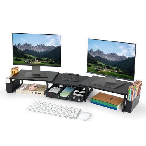 OPNICE Desk Dual Monitor Stand Riser - Desk Organizer with Drawer and Pen Holders, Office Desk Accessories & Workspace Organizers, Office Organization Computer Monitor Stand for Laptop, Printer, TV, Office Decor, Wood (BLACK) | Amazon (US)