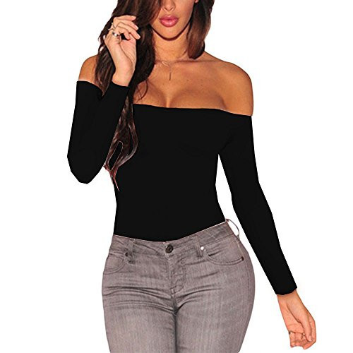 Lrady Women Long Sleeve Bodysuits Off Shoulder Body Suit Tops Blouse Black 2XL | Amazon (US)