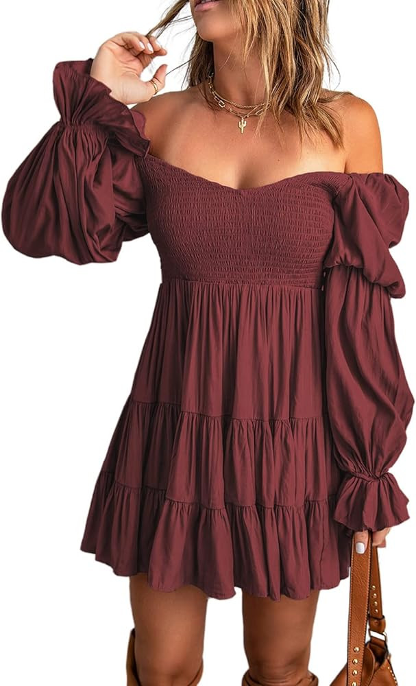 Dokotoo Womens 2024 Fall Dress Elegant Off The Shoulder V Neck Long Sleeve Ruffle Flowy Mini Shor... | Amazon (US)