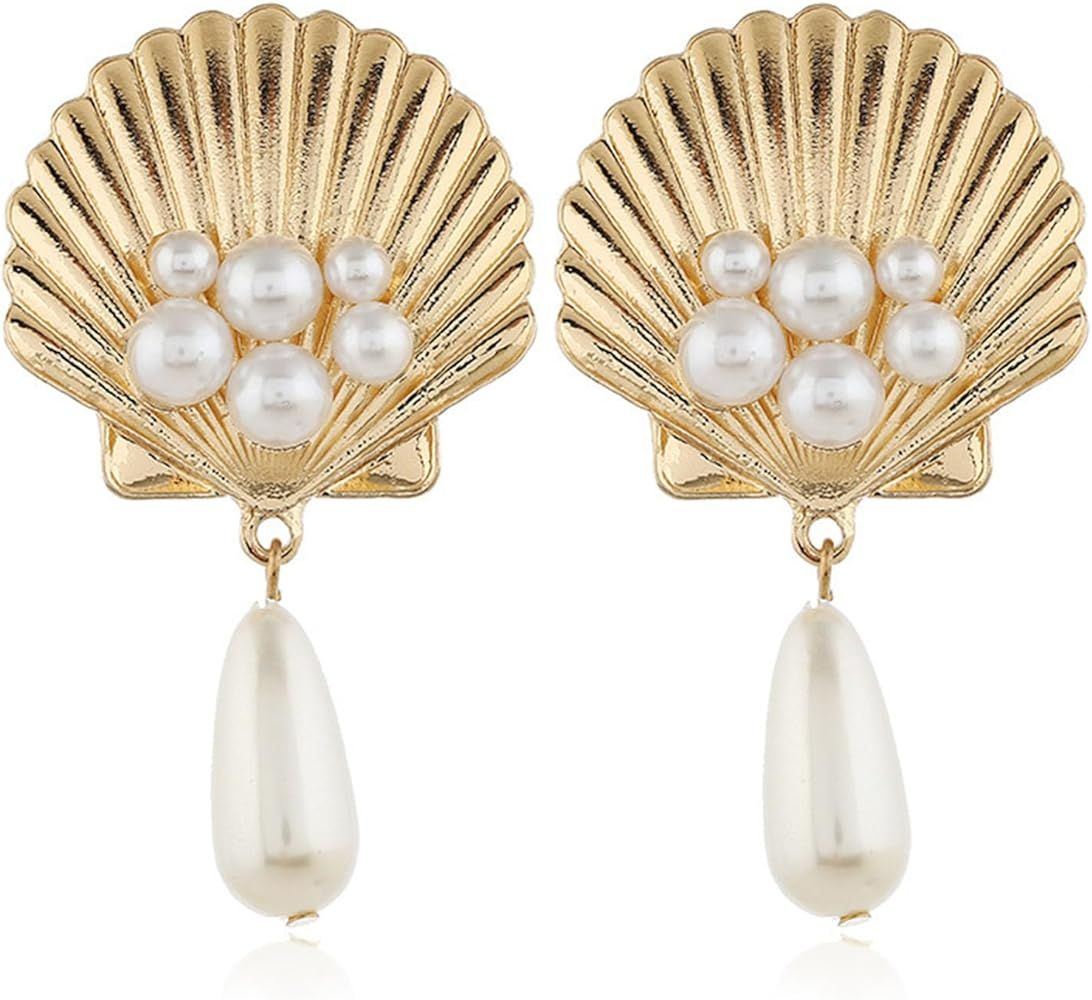 Seashell Earrings for Women Pearl Earrings Sea Shell Earrings for Girls Cute Pearl Seashell Dangl... | Amazon (US)