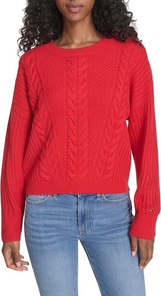Tommy Hilfiger Womens Solid Cable Crewneck Bobbi Pullover Sweater | Amazon (US)