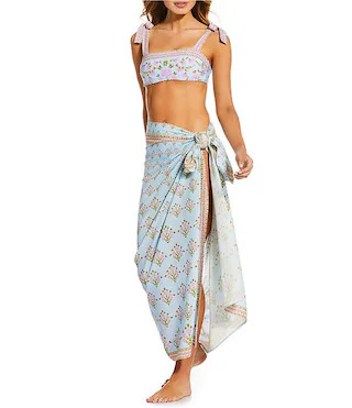 A Loves A Traditional Blooms Ice Blue Reversible Border Print Tie Shoulder Bandeau Swim Top & Bor... | Dillard's