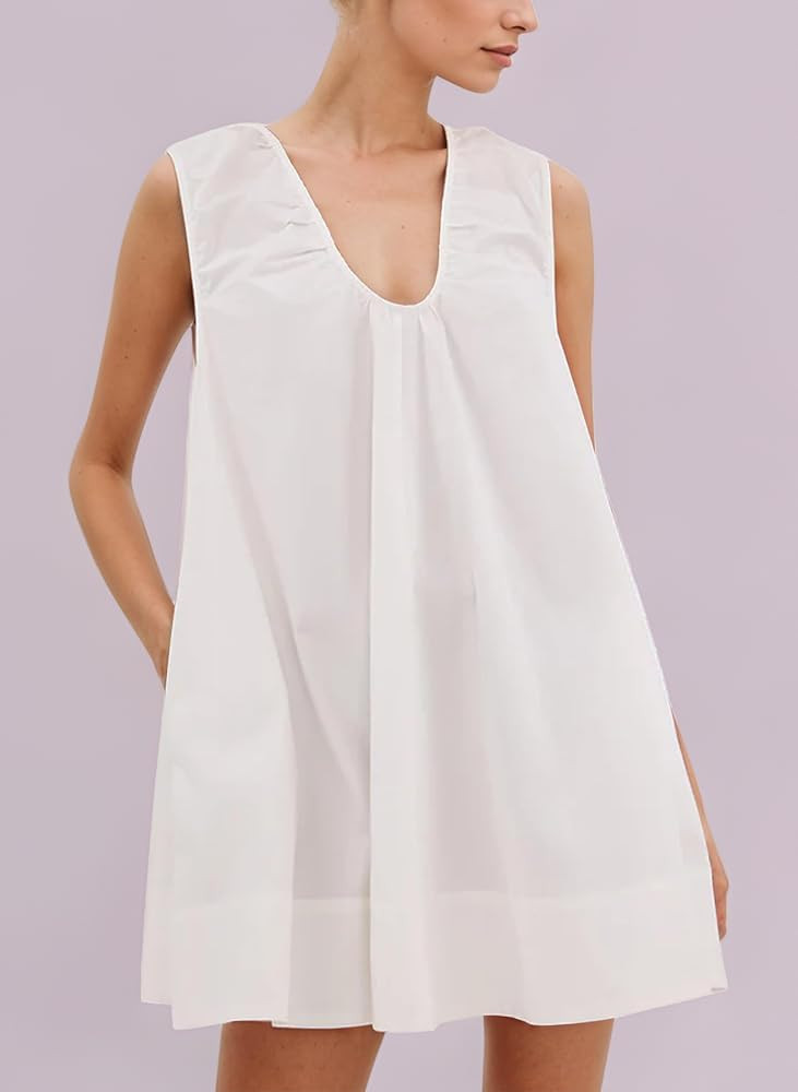 Women's Sleeveless Babydoll Tank Mini Dress Scoop Neck Ruched Bubble Dress with Pockets Short Sum... | Amazon (UK)