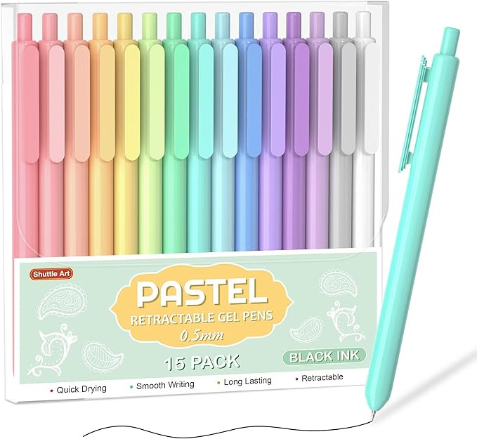 Shuttle Art Retractable Pastel Gel Ink Pens, 15 Pack Black Ink Pens, Cute Pens 0.5mm Fine Point f... | Amazon (US)