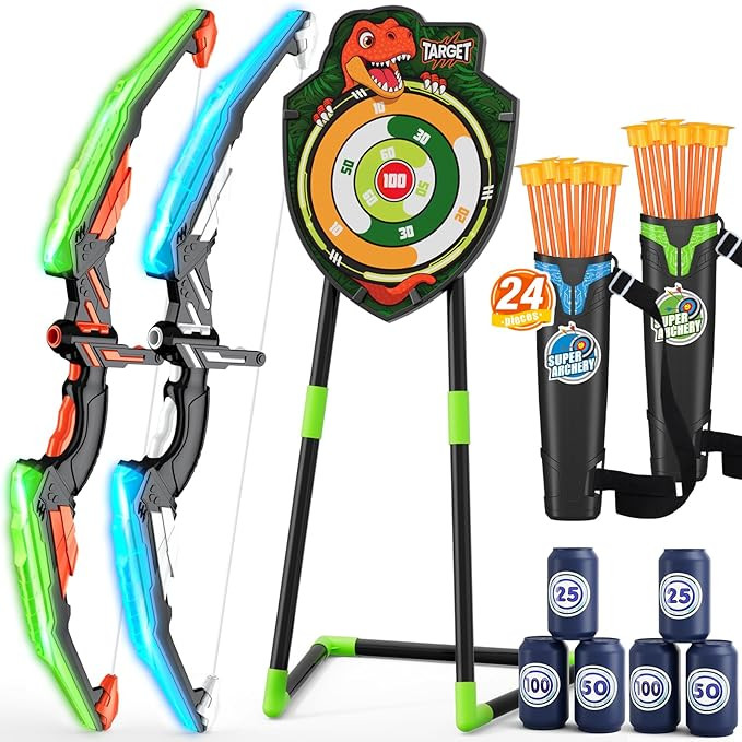 2 Pack Bow and Arrow for Kids, LED Light Up Archery Set with 24 Suction Cup Arrows, 1 Standing Ta... | Amazon (US)