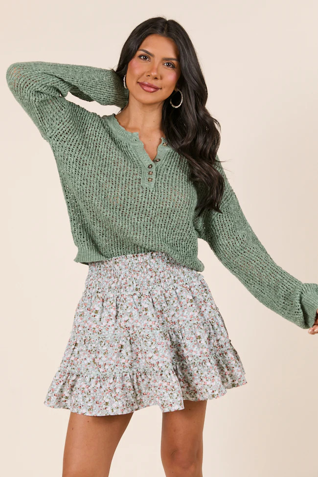 Lotus Long Sleeve Sage Open Knit Henley Sweater | Pink Lily