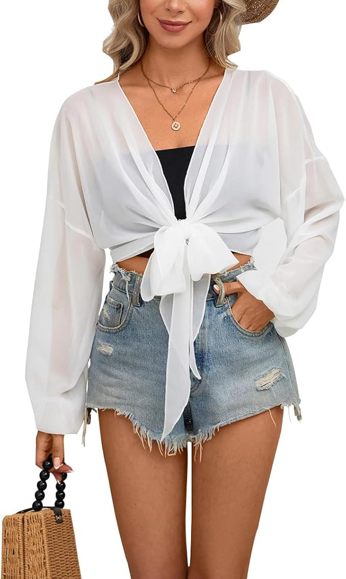 olrain Women Tie Front Beach Cove Up Chiffon Kimono Crop Top Swimming Bikini Bathing Long Sleeve ... | Amazon (US)