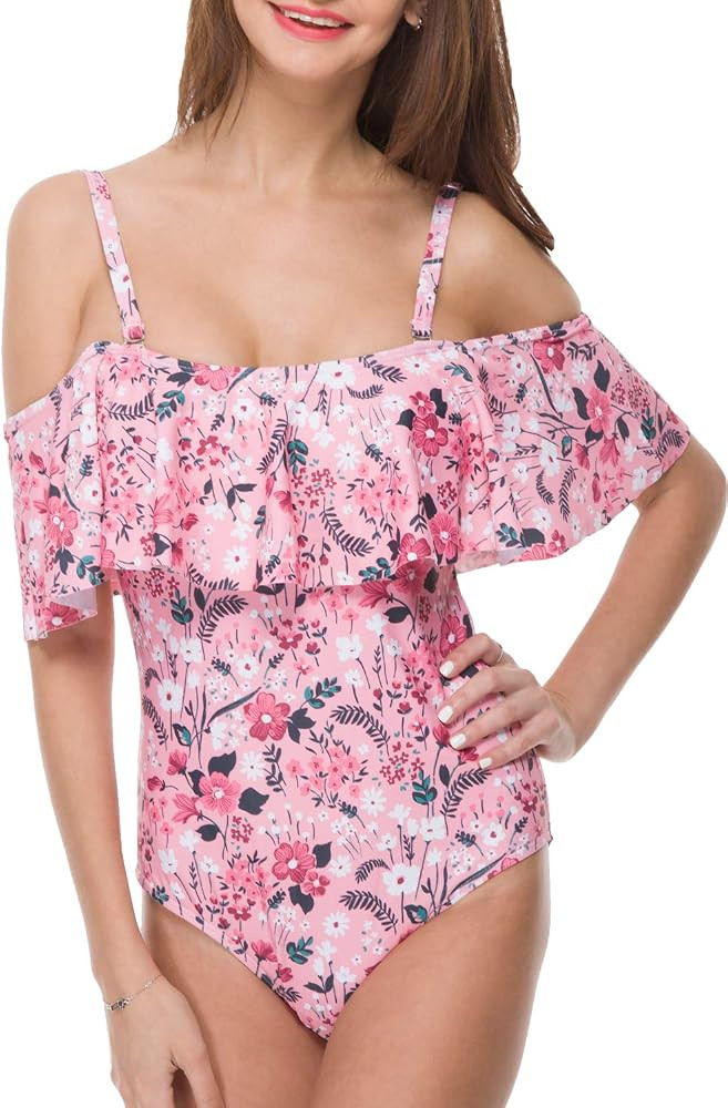 Women One Piece Bathing Suit Printed Shoulder Straps Ruched Swimwear Bikini S. | Amazon (US)