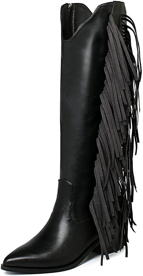 Cowgirl Fringe Boots For Women White Tassels Cowboy Boots Knee High Pointed Toe Western Boots | Amazon (US)