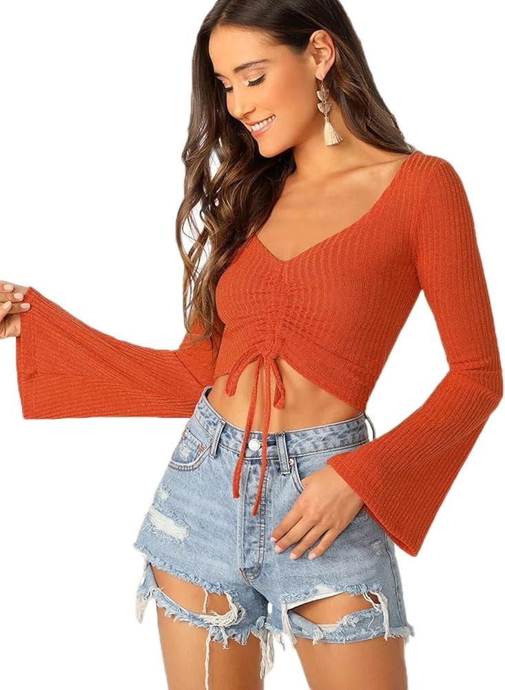 SweatyRocks Women's Adjustable Drawstring String Long Bell Sleeve Rib Knit Sexy Crop Top | Amazon (US)