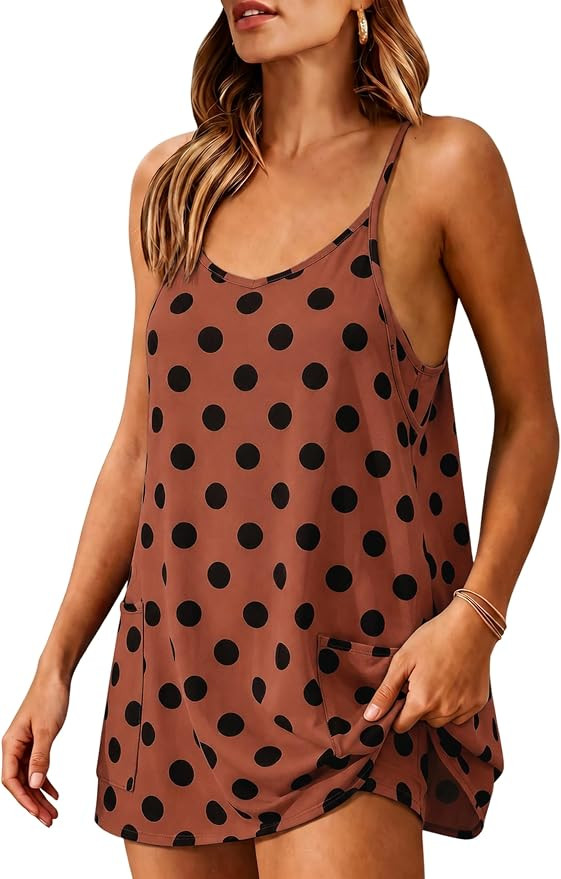 Athlisan Womens Polka Dot Athletic Tennis Mini Dress V Neck Spaghetti Strap Sundress Built in Sho... | Amazon (US)