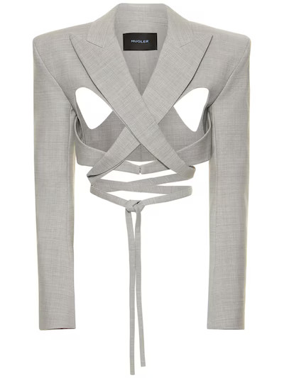 Mugler - Crossed wool blend wrapped crop jacket - Heather Grey | Luisaviaroma | Luisaviaroma