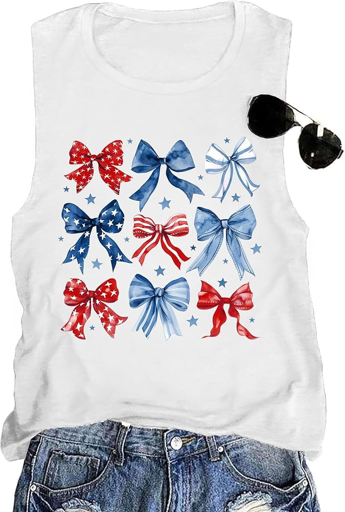 American Flag Tank Top Women Patriotic Bow Ribbons Sleeveless Shirt 4th of July Summer Vest Tops | Amazon (US)