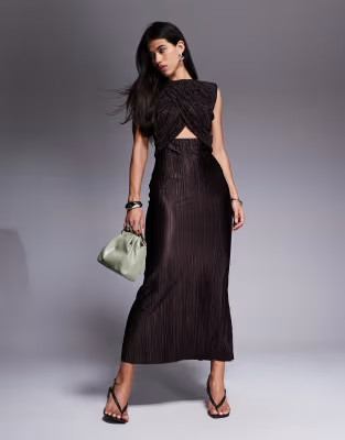 ASOS DESIGN high neck with cut out waist drape plisse maxi dress in chocolate | ASOS (Global)