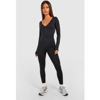 Womens Seamless Sculpt Waist Plunge Long Sleeve Unitard - Black - M, Black | Boohoo.com (UK & IE)