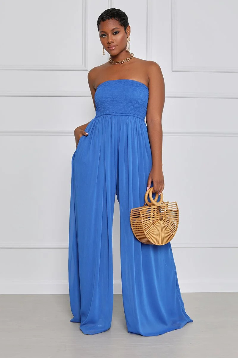 Loliuicca Women Summer Chiffon Jumpsuit Tube Top Mopping Solid Color Strapless Wide Leg Pants One... | Walmart (US)