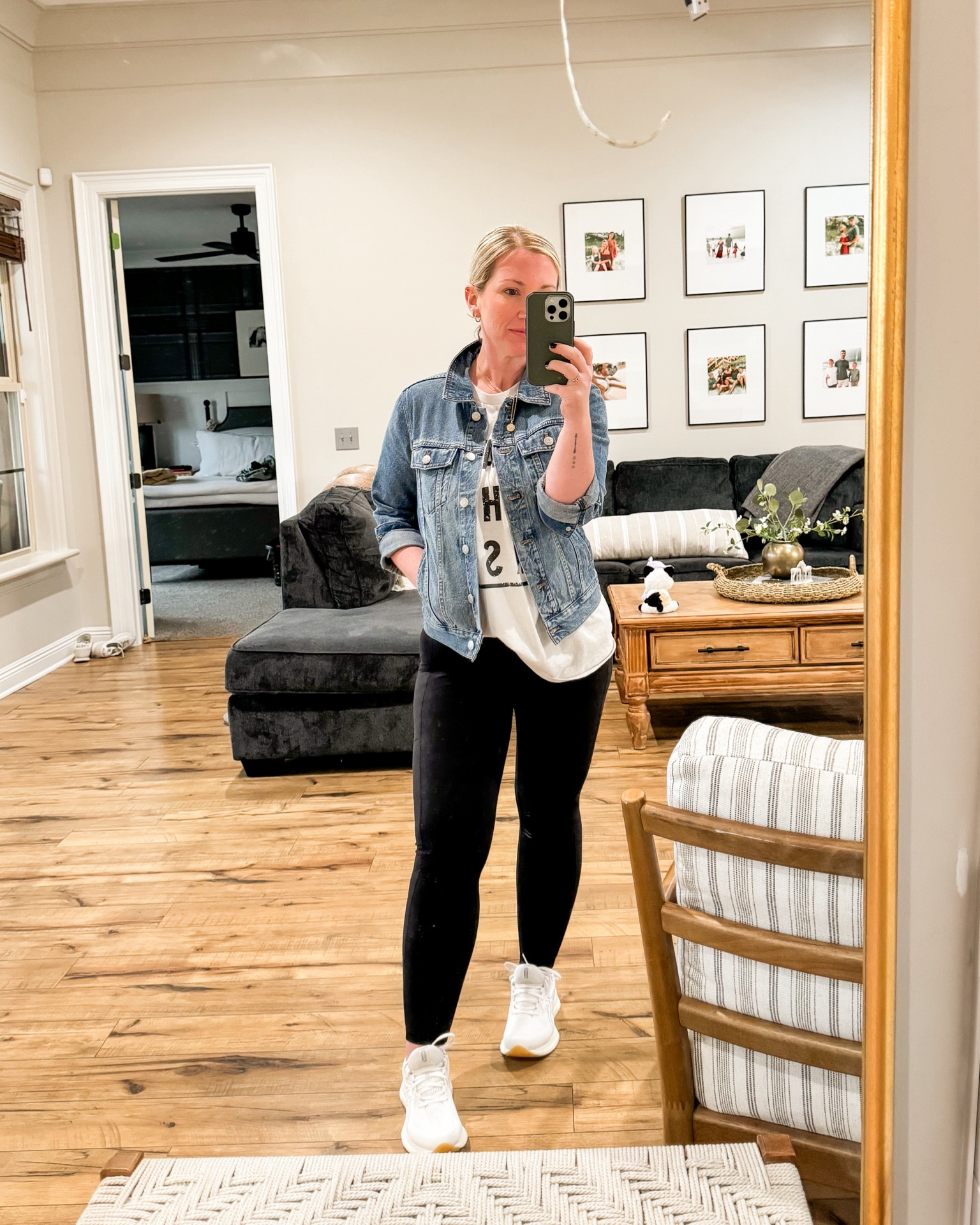 If I could wear this combo everyday I would. Leggings, tee, jean jacket and some sneakers. 😍 
In a medium in everything. 

#LTKstyletip #LTKmidsize #LTKxMadewell