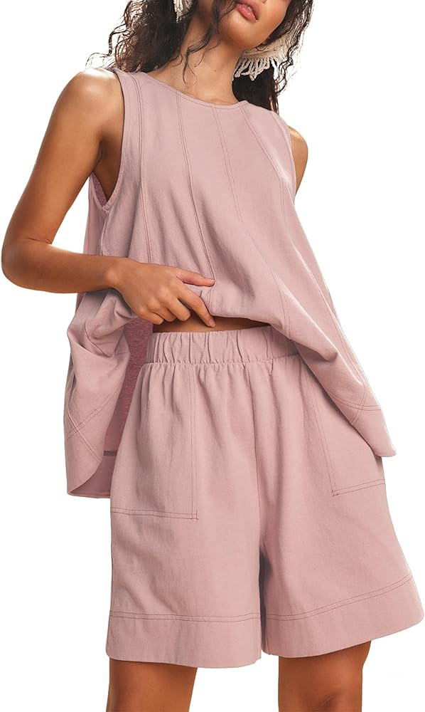 Womens 2 Piece Lounge Set Casual Summer Outfits Sleeveless Tank Top and Elastic Waist Shorts with... | Amazon (US)