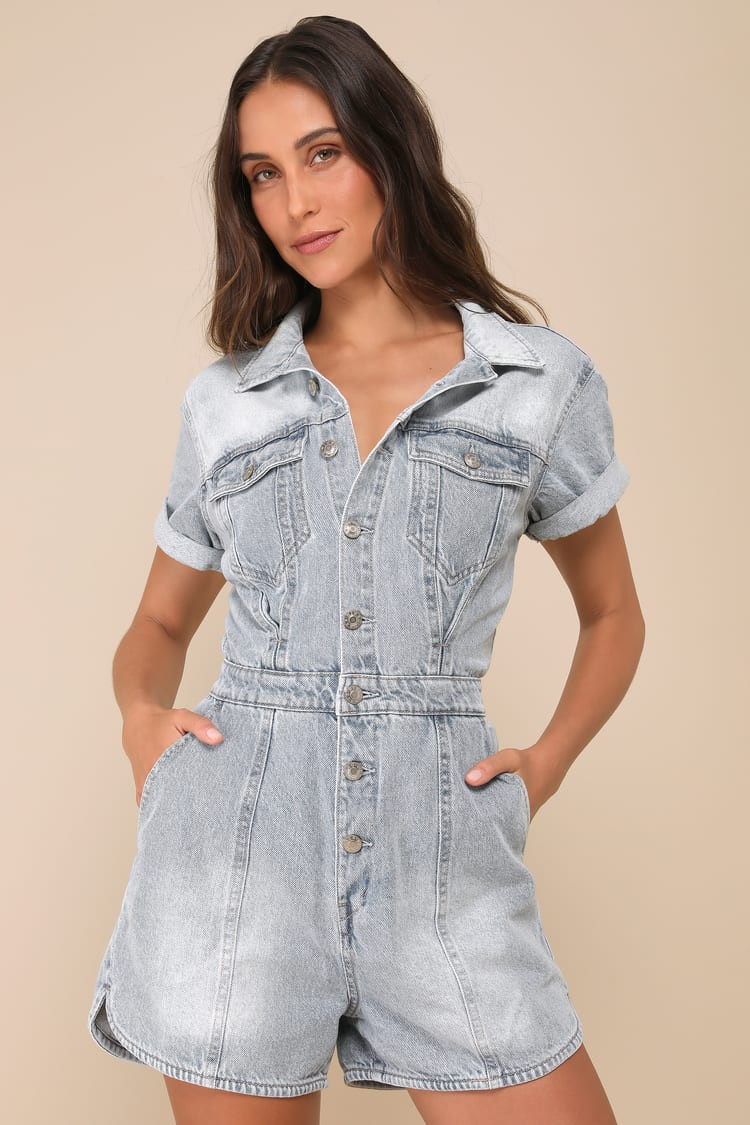 Topanga Light Wash Denim Short Sleeve Collared Romper | Lulus